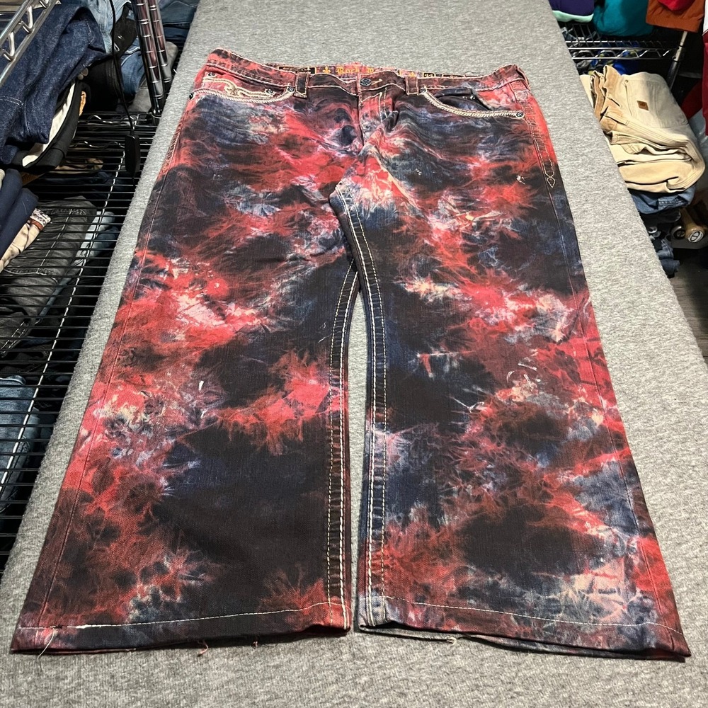 Rock Revival Dan Alt Straight TieDye Jeans Red Black Mens 44x30 baggy Distressed - Picture 6 of 6